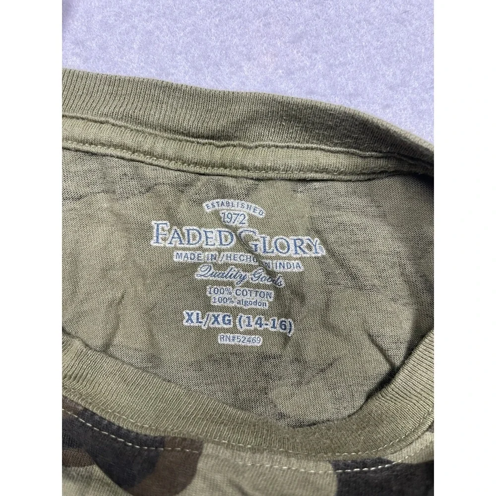 Faded Glory T-Shirt 100% Cotton Camouflage Green Brown XL 14-16 Boys